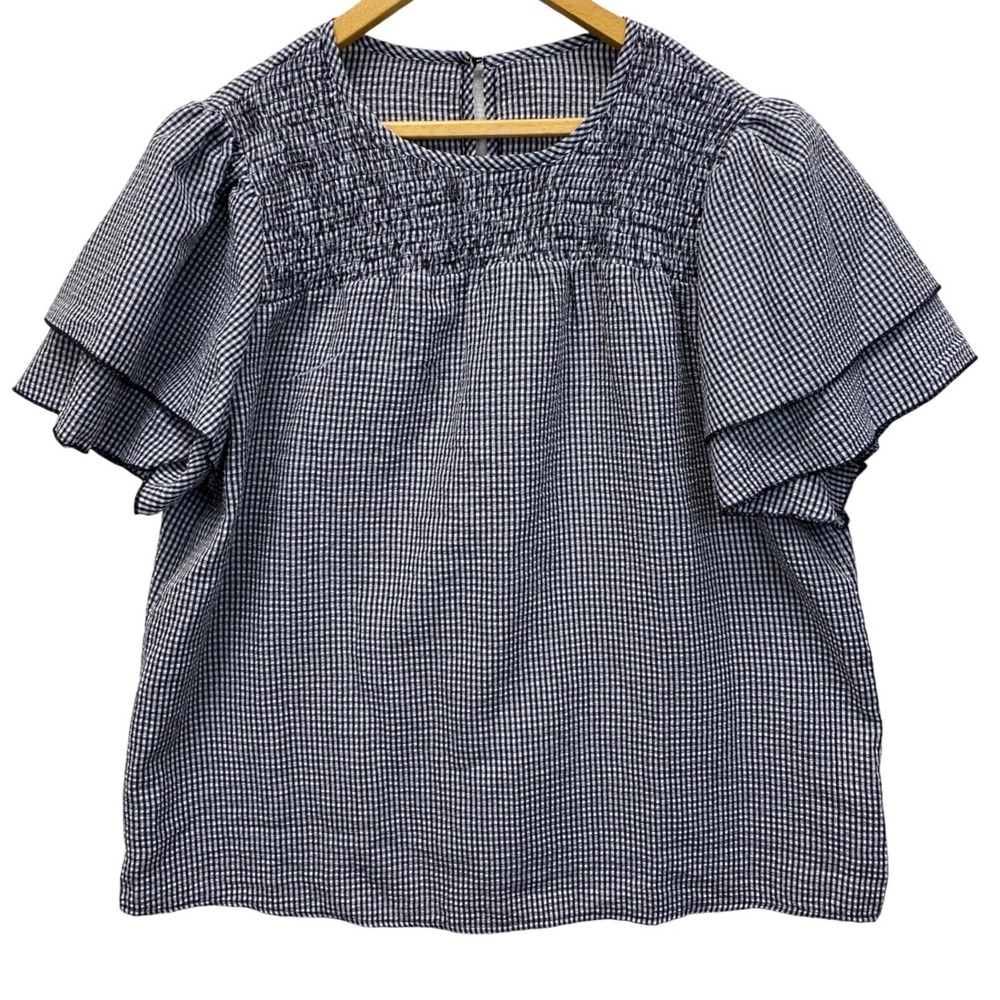 Gingham Smocked Blouse Womens 3XL Black White‎ Tiered Flutter Sleeve Top Wicking